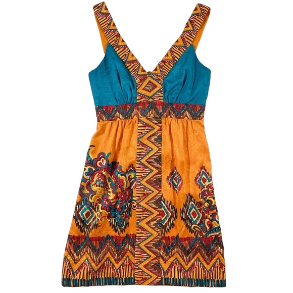 RARE!!! - Phoebe Couture Silk Orange Multicolored Sleeveless Print Dress Size 2 - Picture 2 of 8